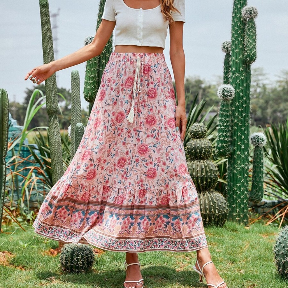 Boho Yellow Floral Tassel Ruffle Maxi Skirt Gypsy - Picture 5 of 15